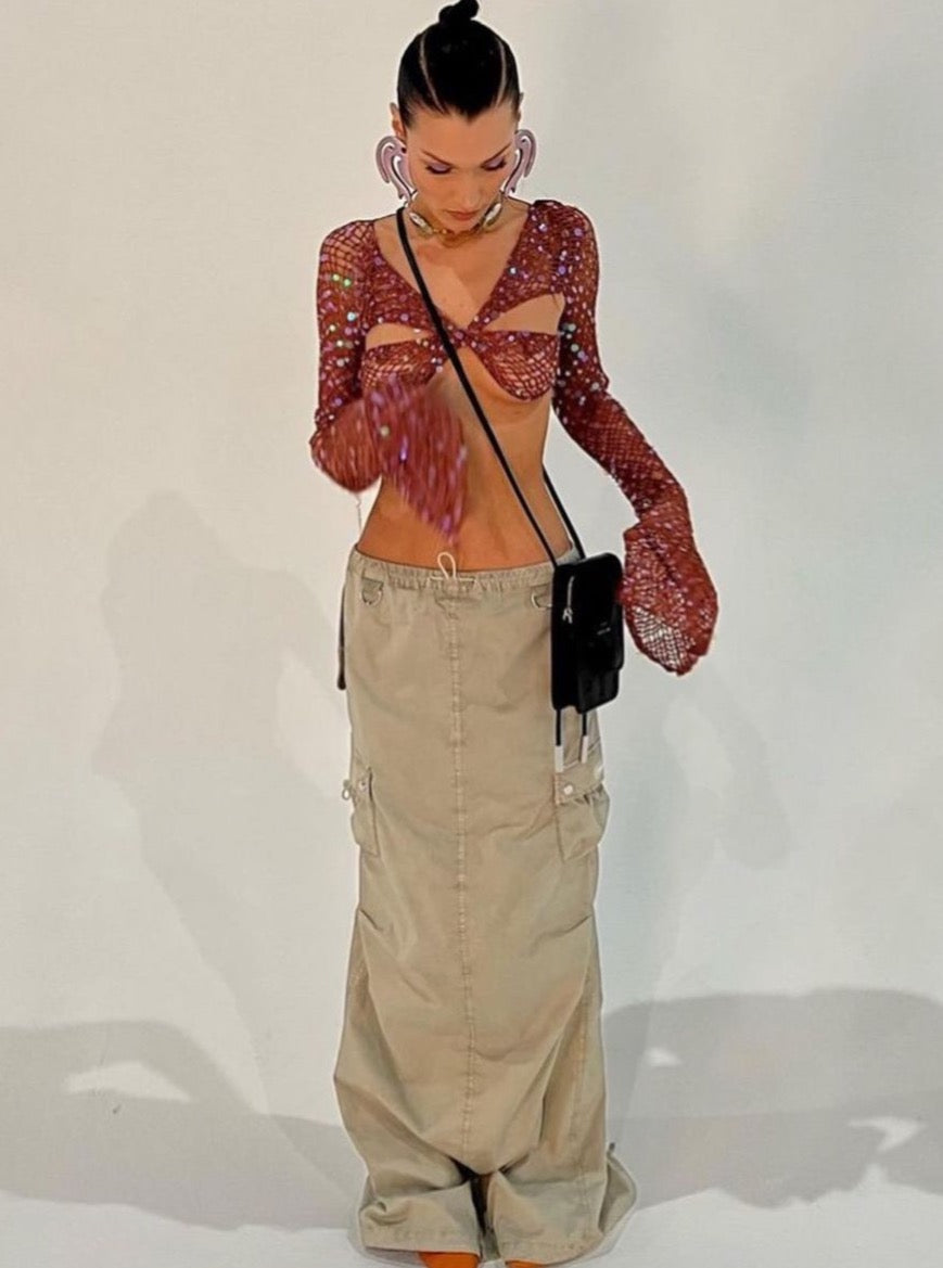 Bella Hadid: Knit Top, Cargo Skirt