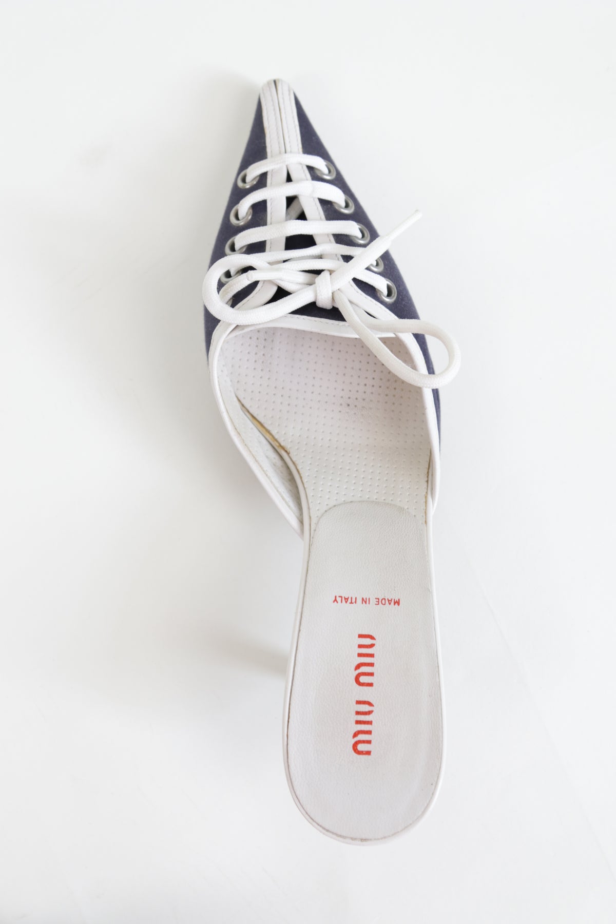 Vintage Navy Kitten Heel Mules with Criss Cross White Laces