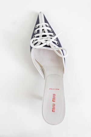 Vintage Navy Kitten Heel Mules with Criss Cross White Laces