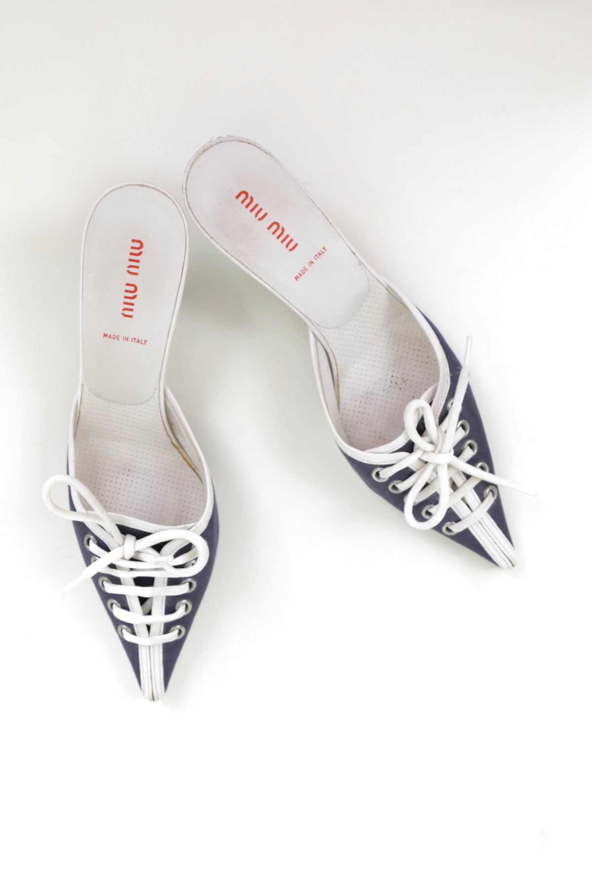 Vintage Navy Kitten Heel Mules with Criss Cross White Laces