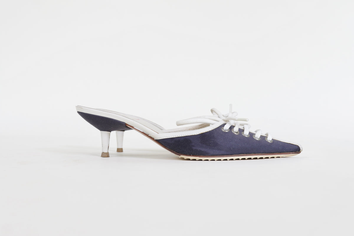 Vintage Navy Kitten Heel Mules with Criss Cross White Laces