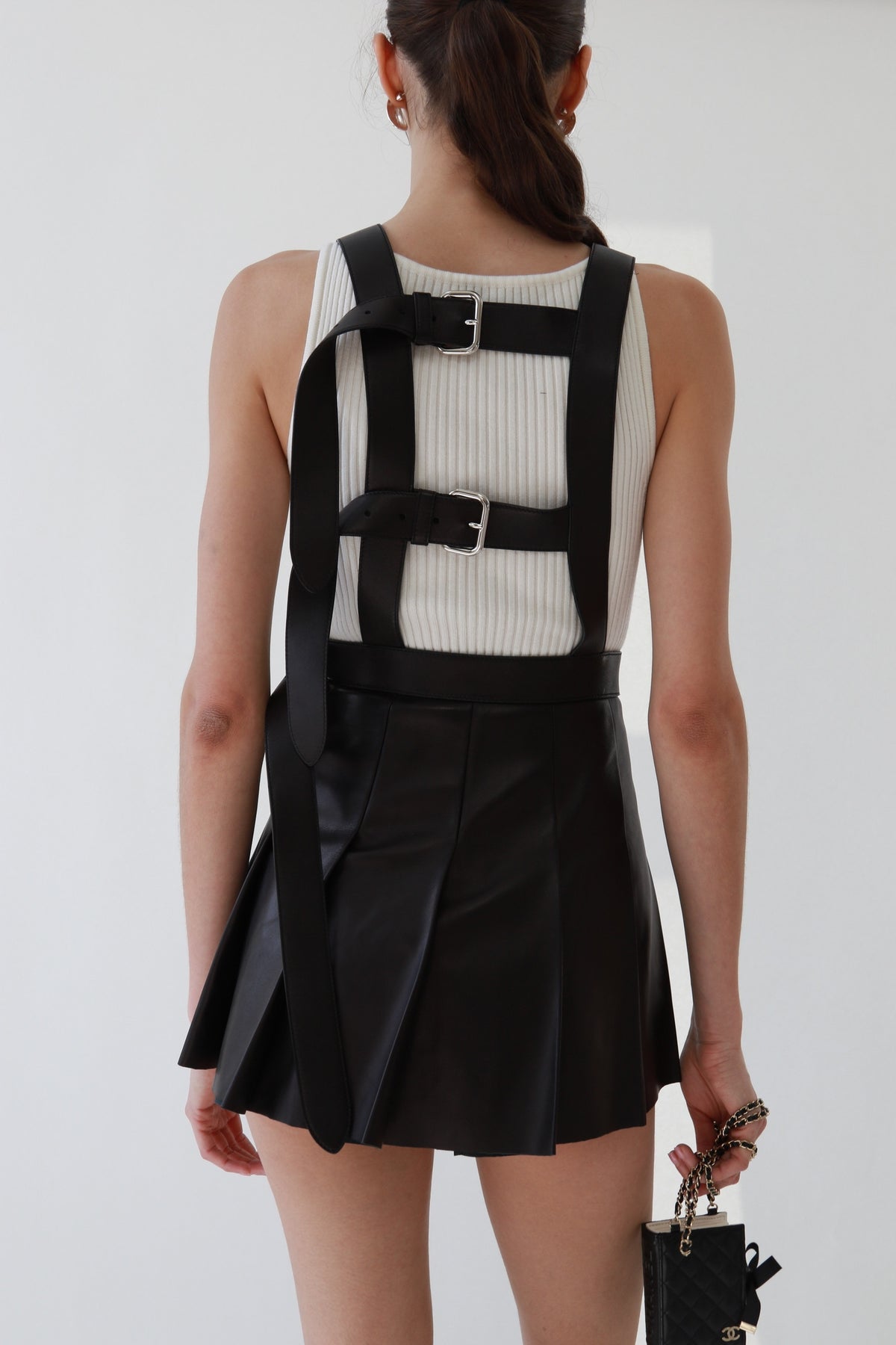 Miu Miu Black Leather Pleated Overall Mini Skirt