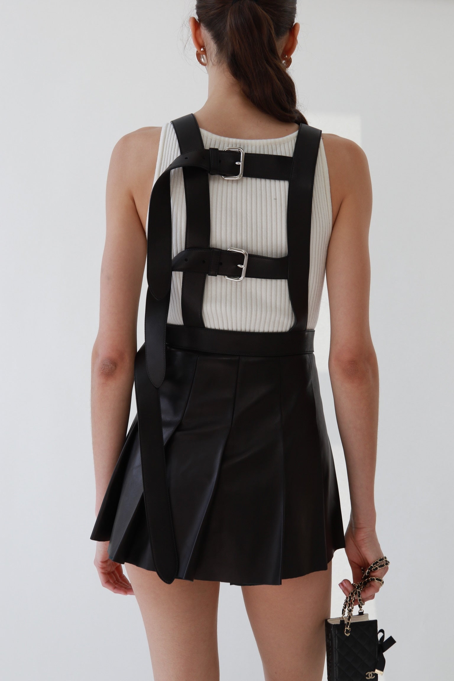 Miu Miu Black Leather Pleated Overall Mini Skirt