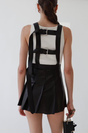 Miu Miu Black Leather Pleated Overall Mini Skirt