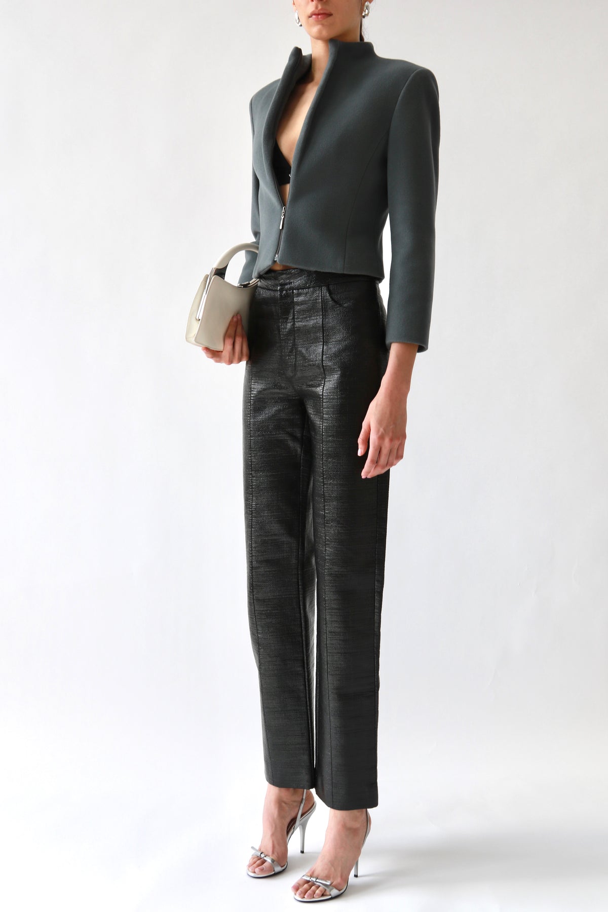 Black Waxed Textured Straight-Leg Trousers