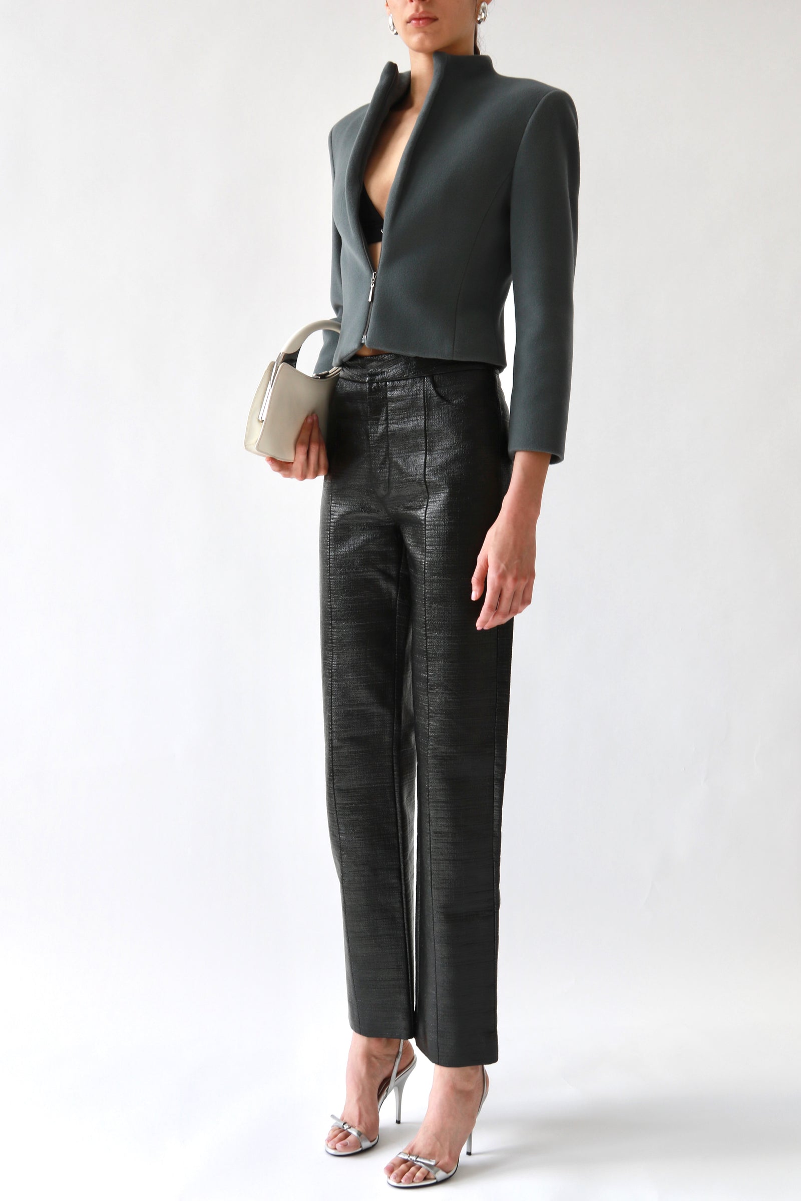 Black Waxed Textured Straight-Leg Trousers