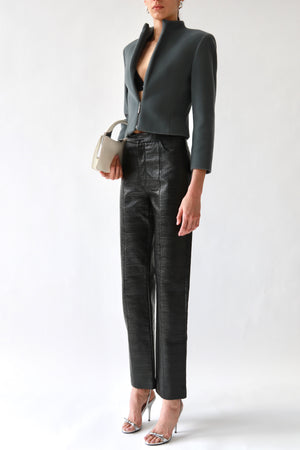 Black Waxed Textured Straight-Leg Trousers