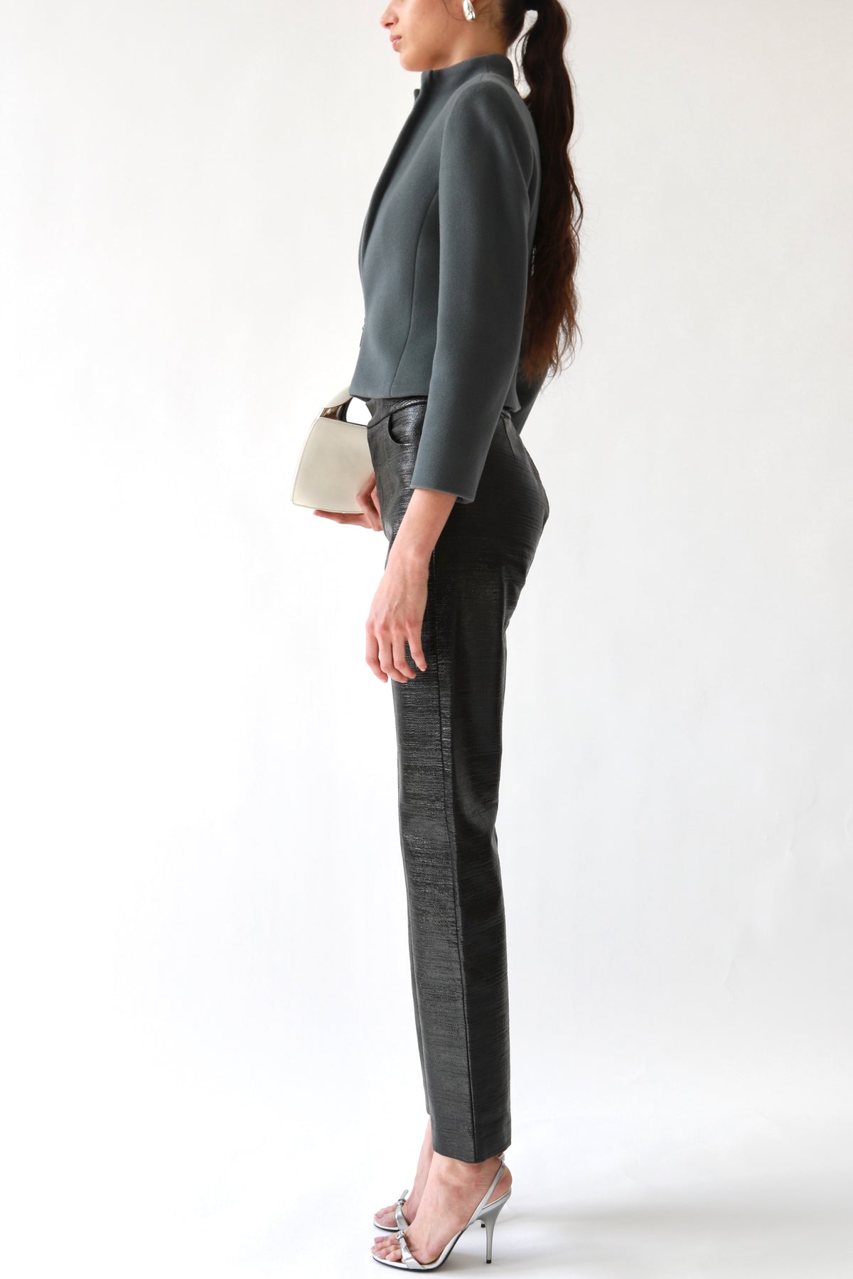 Black Waxed Textured Straight-Leg Trousers