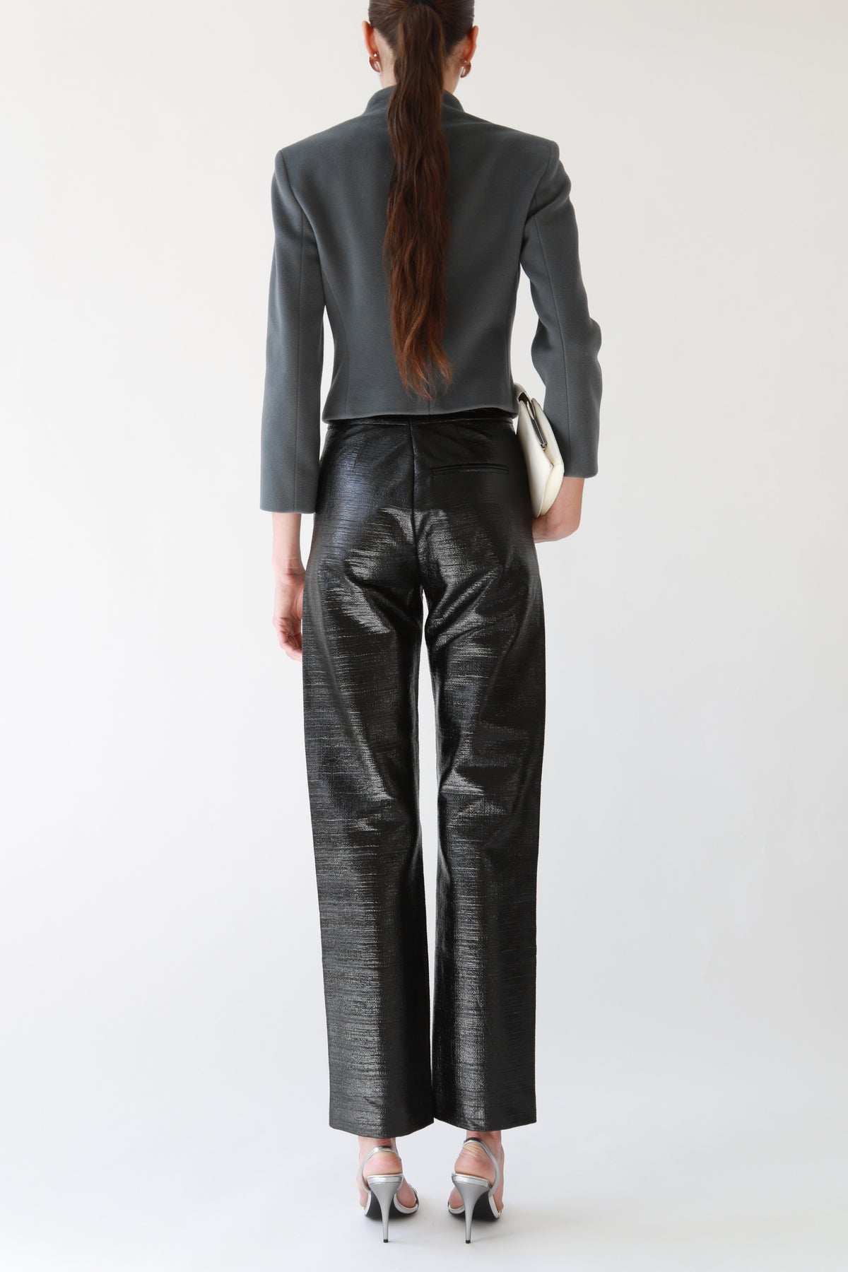 Black Waxed Textured Straight-Leg Trousers