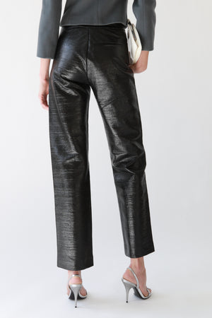 Black Waxed Textured Straight-Leg Trousers