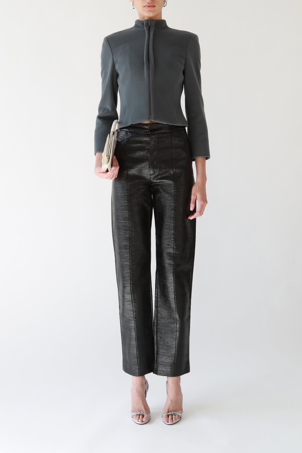 Black Waxed Textured Straight-Leg Trousers