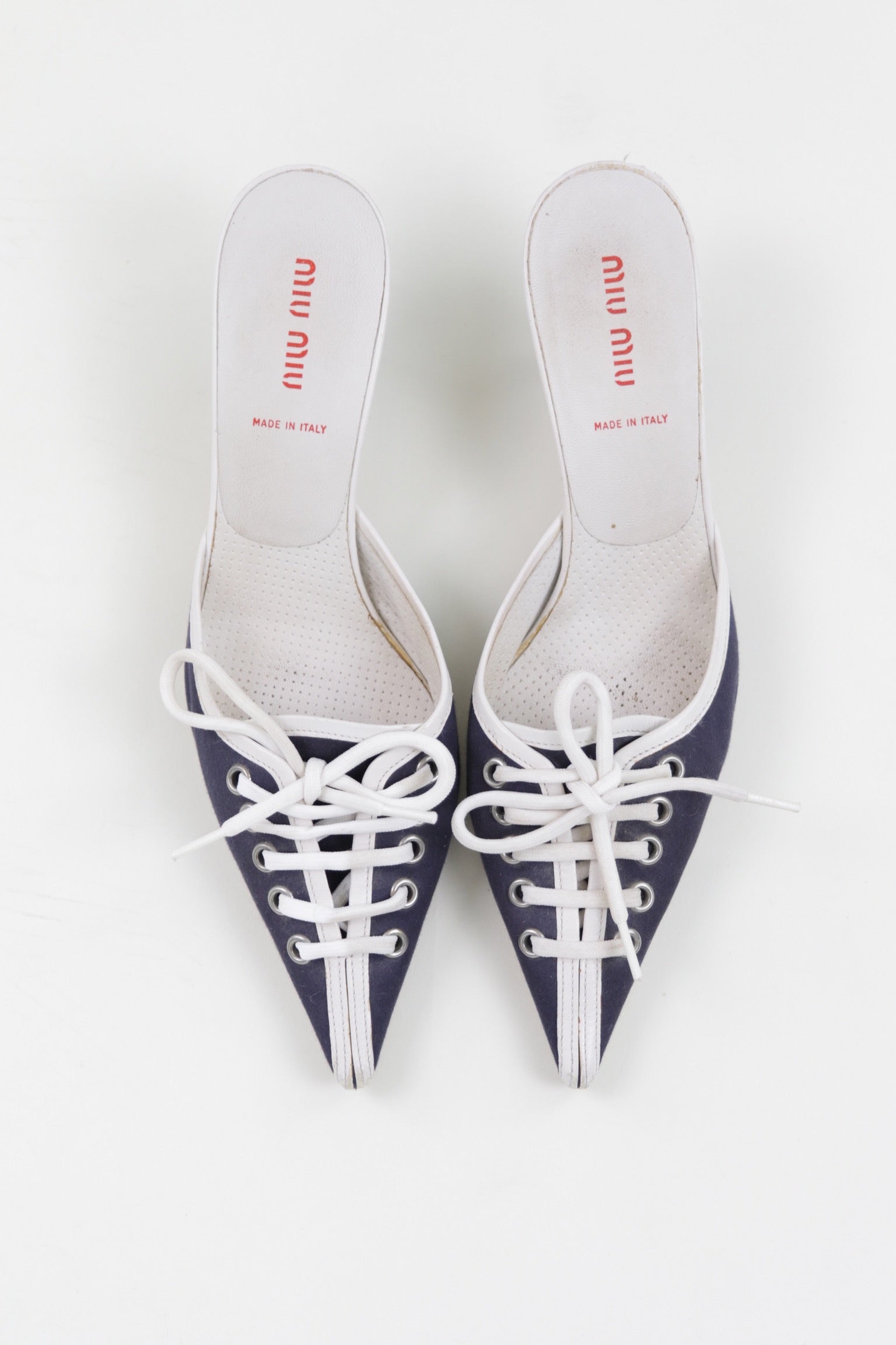 Vintage Navy Kitten Heel Mules with Criss Cross White Laces