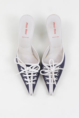 Vintage Navy Kitten Heel Mules with Criss Cross White Laces