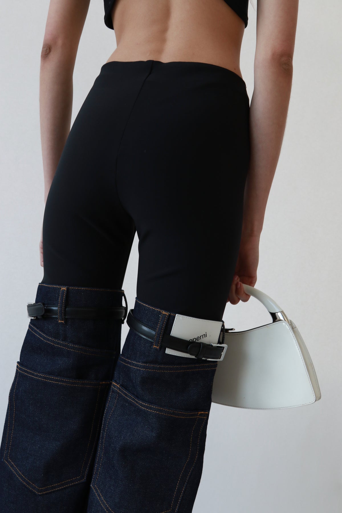 Stirrup Denim-Panel Pants