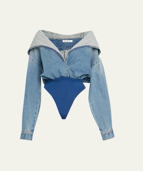 Denim hoodie bodysuit with front crossover plunge detail and contrast rib underwear 