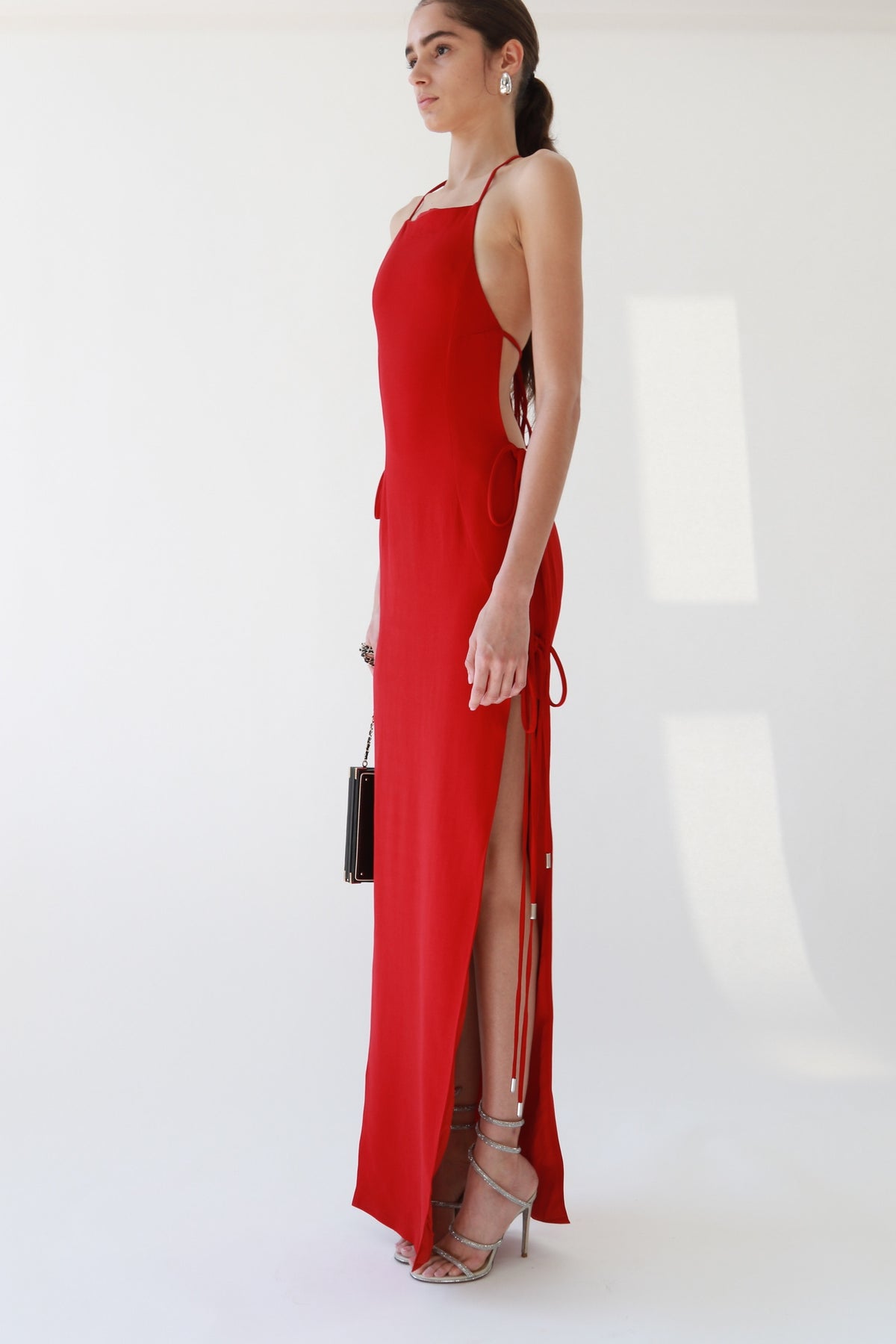 Red Halter Tie-Side Slit Maxi Dress