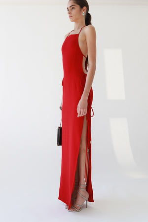 Red Halter Tie-Side Slit Maxi Dress