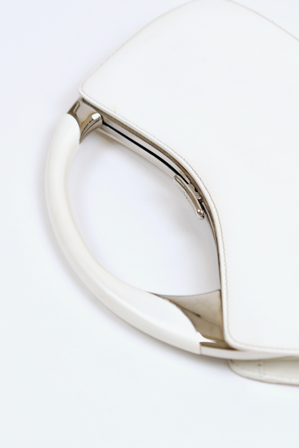 Christian Dior White Bondage Patent Leather Mini Bag with Silver Hardware and Bondage Buckle Clip Details