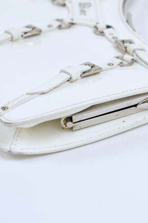 Christian Dior White Bondage Patent Leather Mini Bag with Silver Hardware and Bondage Buckle Clip Details