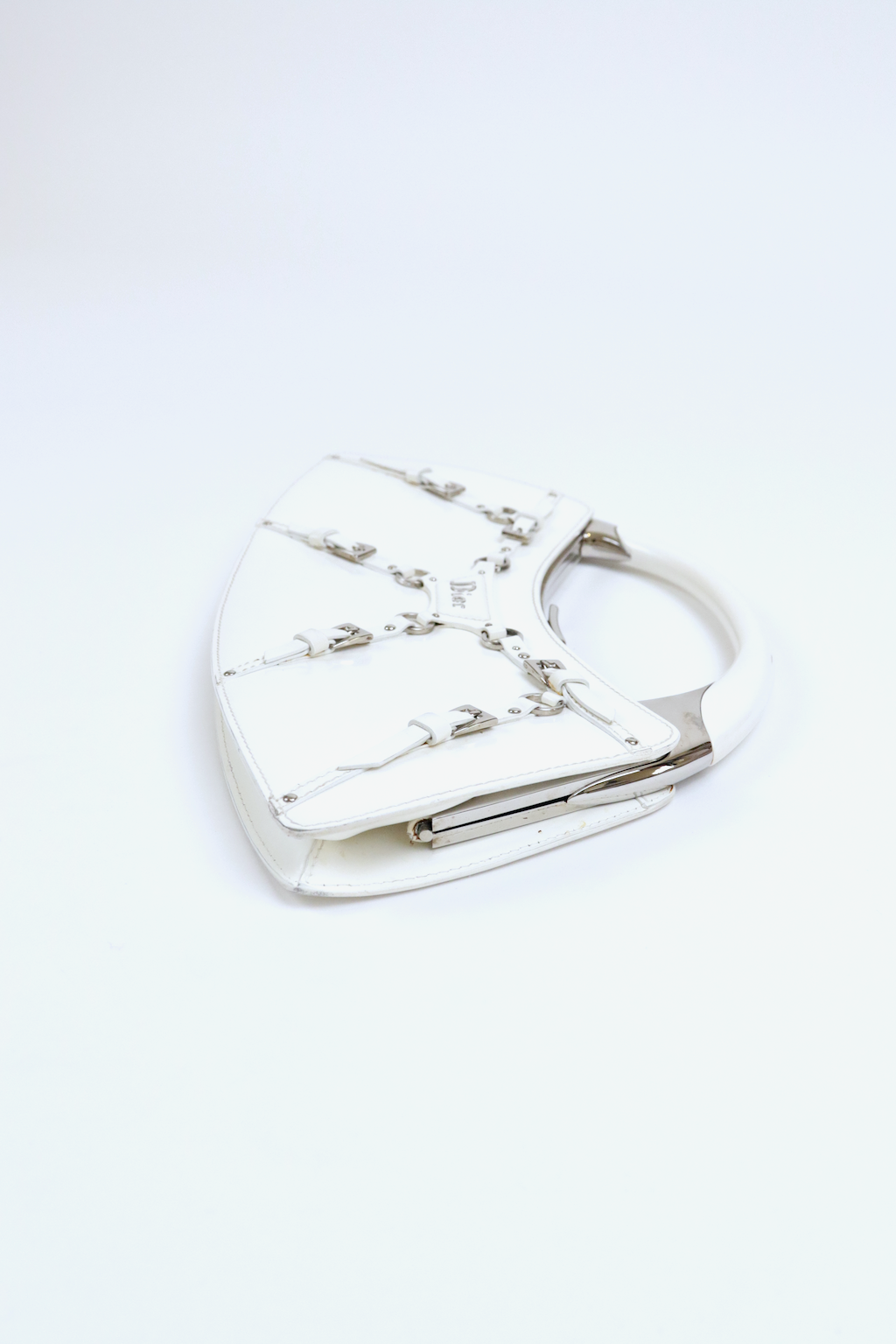 Christian Dior White Bondage Patent Leather Mini Bag with Silver Hardware and Bondage Buckle Clip Details