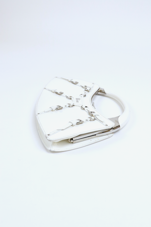 Christian Dior White Bondage Patent Leather Mini Bag with Silver Hardware and Bondage Buckle Clip Details