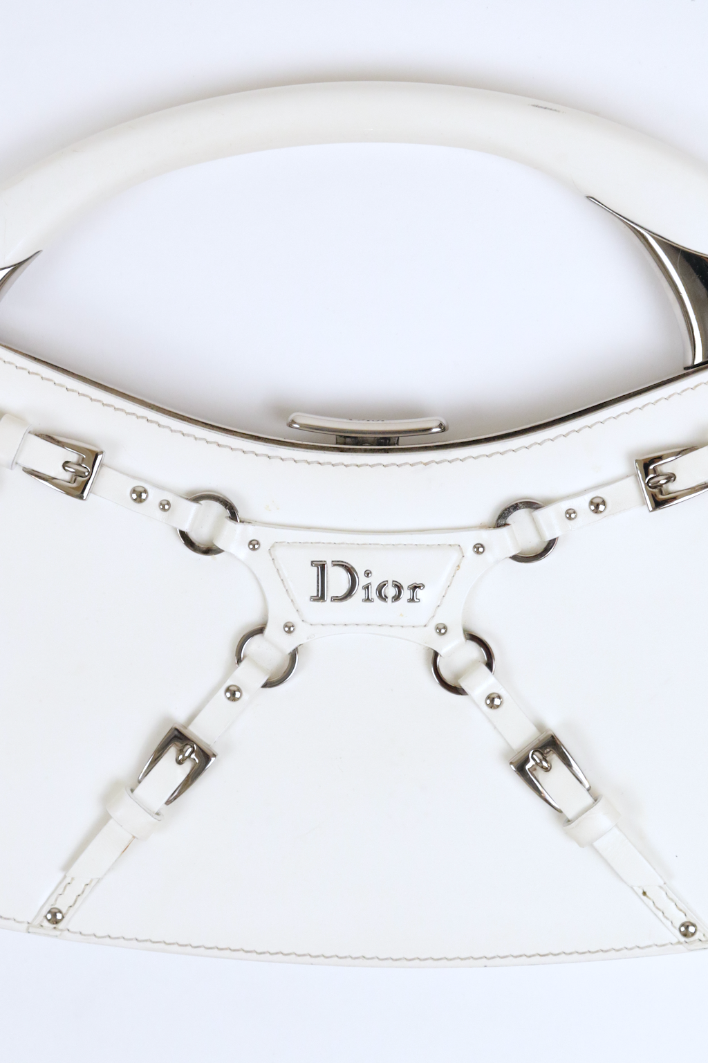 Christian Dior White Bondage Patent Leather Mini Bag with Silver Hardware and Bondage Buckle Clip Details