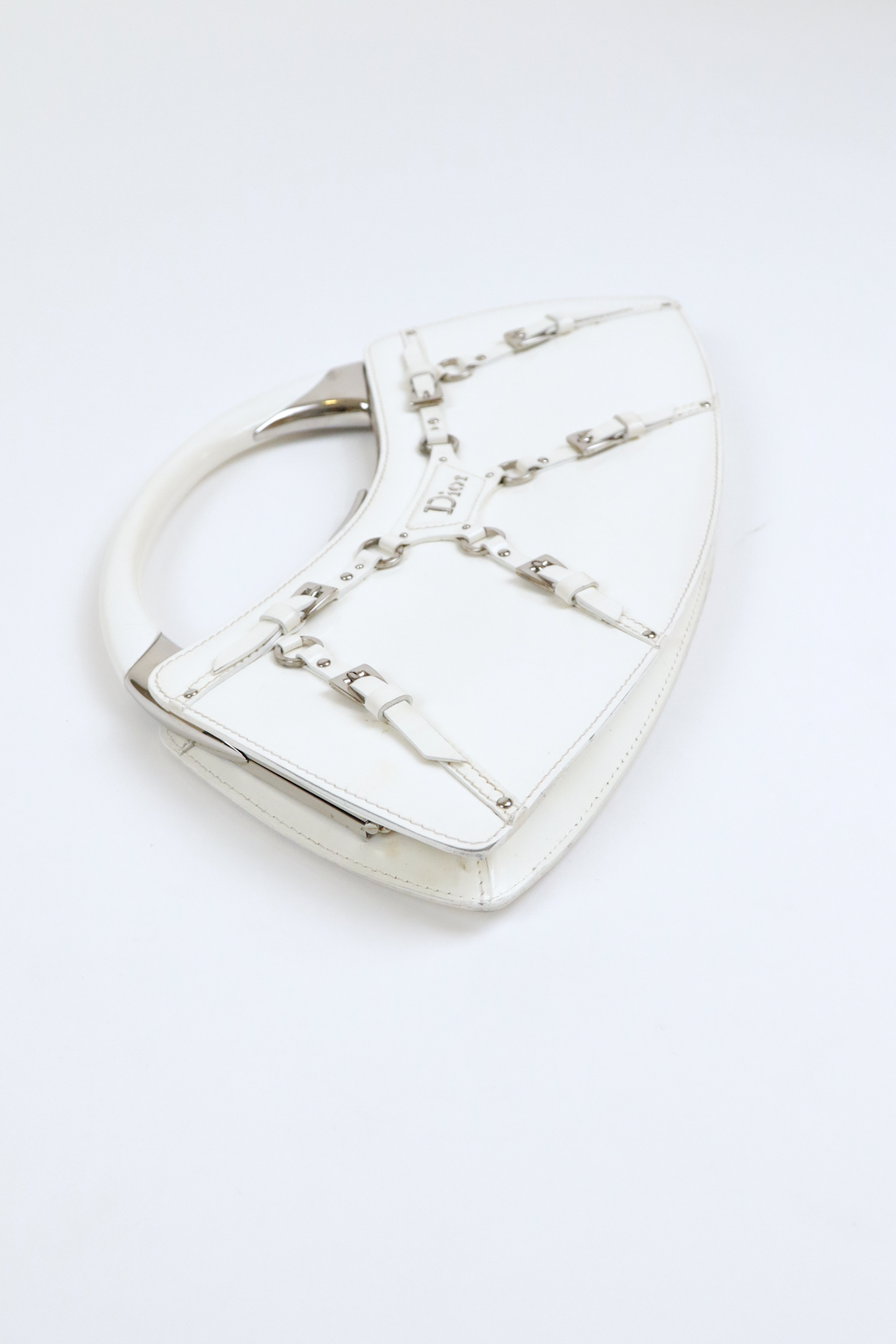 Christian Dior White Bondage Patent Leather Mini Bag with Silver Hardware and Bondage Buckle Clip Details