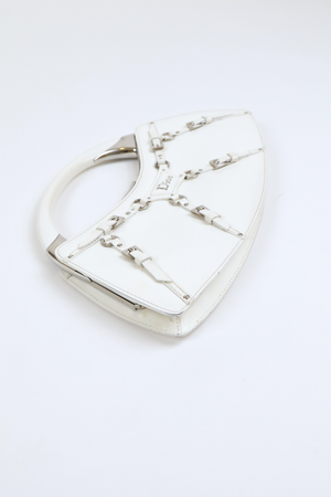 Christian Dior White Bondage Patent Leather Mini Bag with Silver Hardware and Bondage Buckle Clip Details