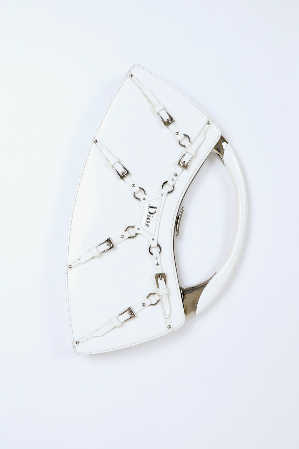 Christian Dior White Bondage Patent Leather Mini Bag with Silver Hardware and Bondage Buckle Clip Details