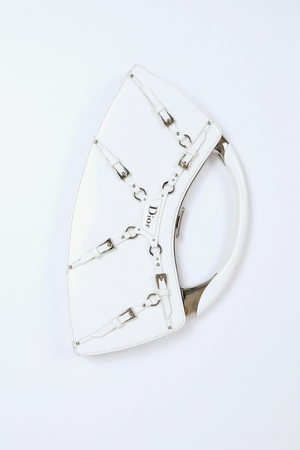 Christian Dior White Bondage Patent Leather Mini Bag with Silver Hardware and Bondage Buckle Clip Details