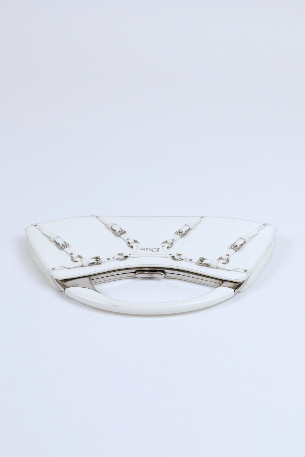 Christian Dior White Bondage Patent Leather Mini Bag with Silver Hardware and Bondage Buckle Clip Details