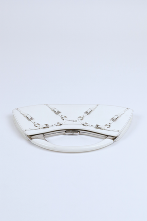 Christian Dior White Bondage Patent Leather Mini Bag with Silver Hardware and Bondage Buckle Clip Details