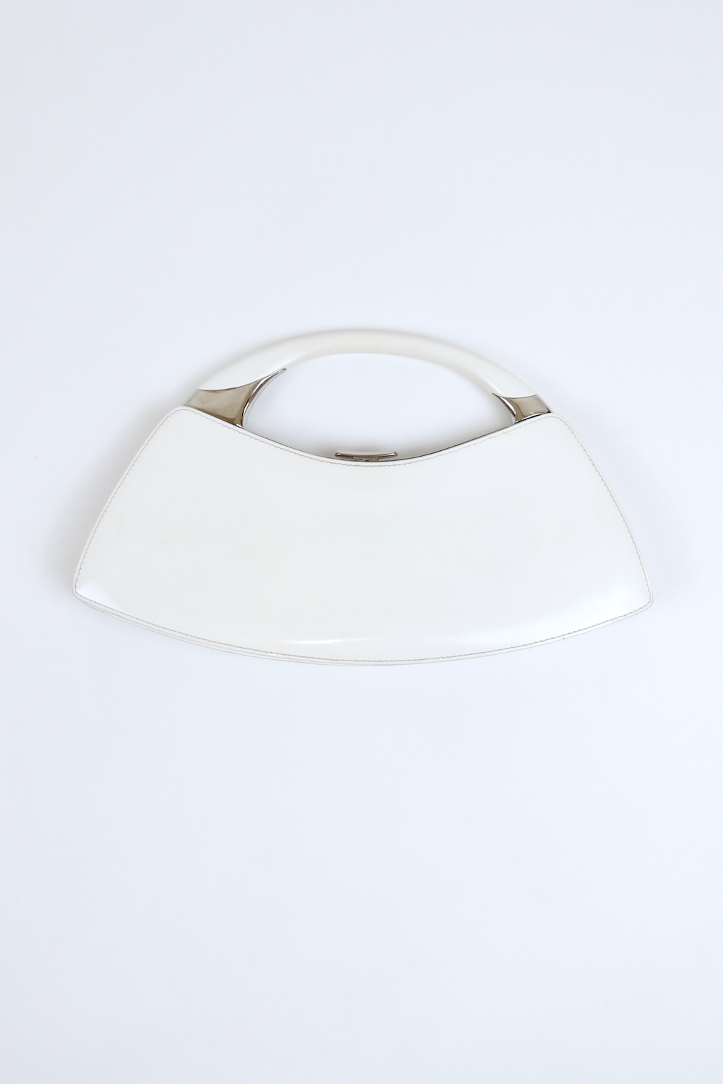 Christian Dior White Bondage Patent Leather Mini Bag with Silver Hardware and Bondage Buckle Clip Details