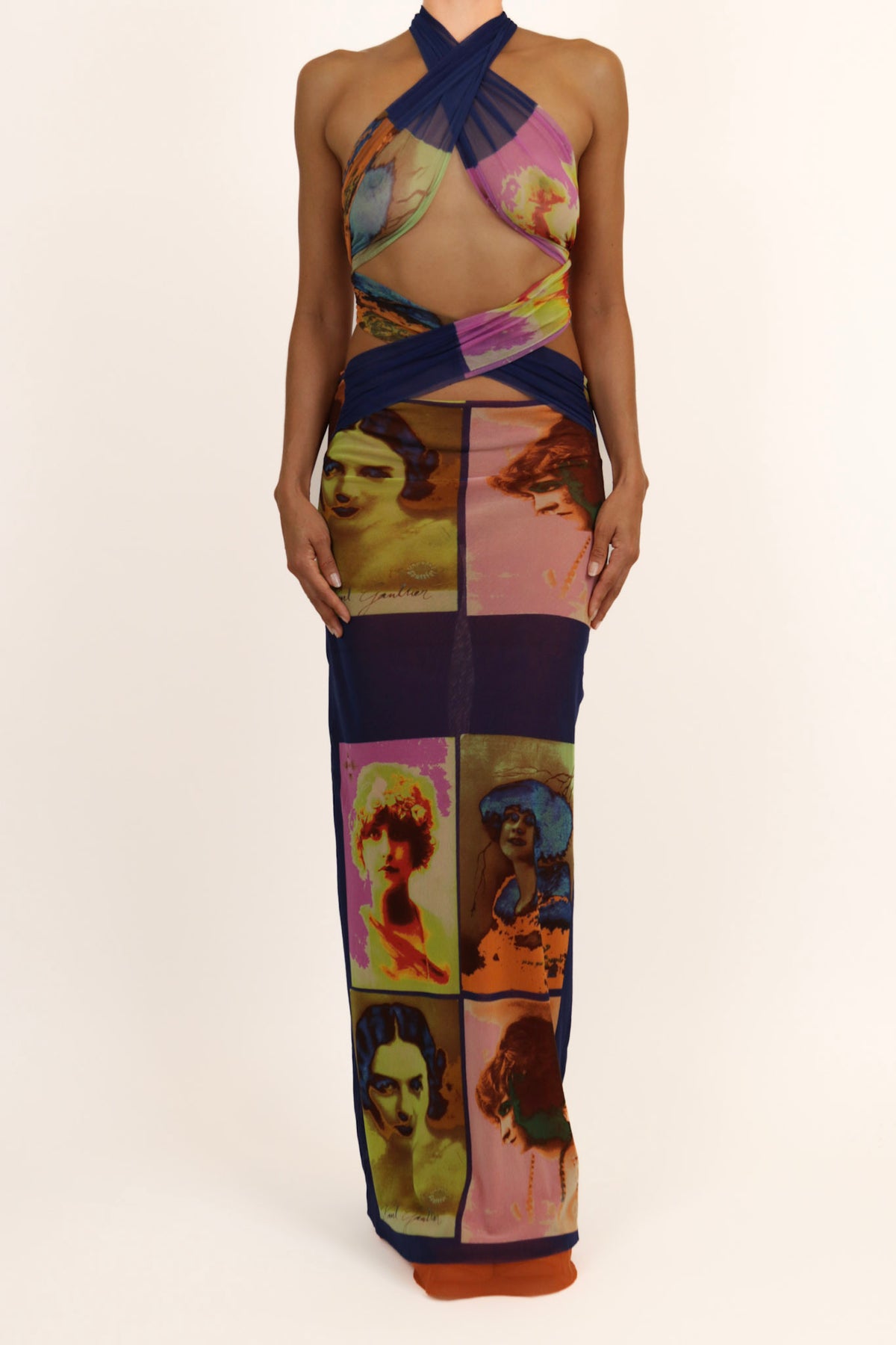Jean Paul Gaultier Soleil SS 2002 Vintage “Portraits” Mesh Wrap Maxi Dress