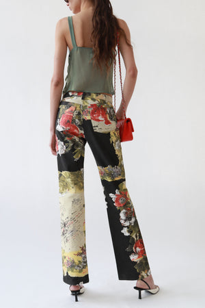 Floral Script Print Mixed Panel Jeans