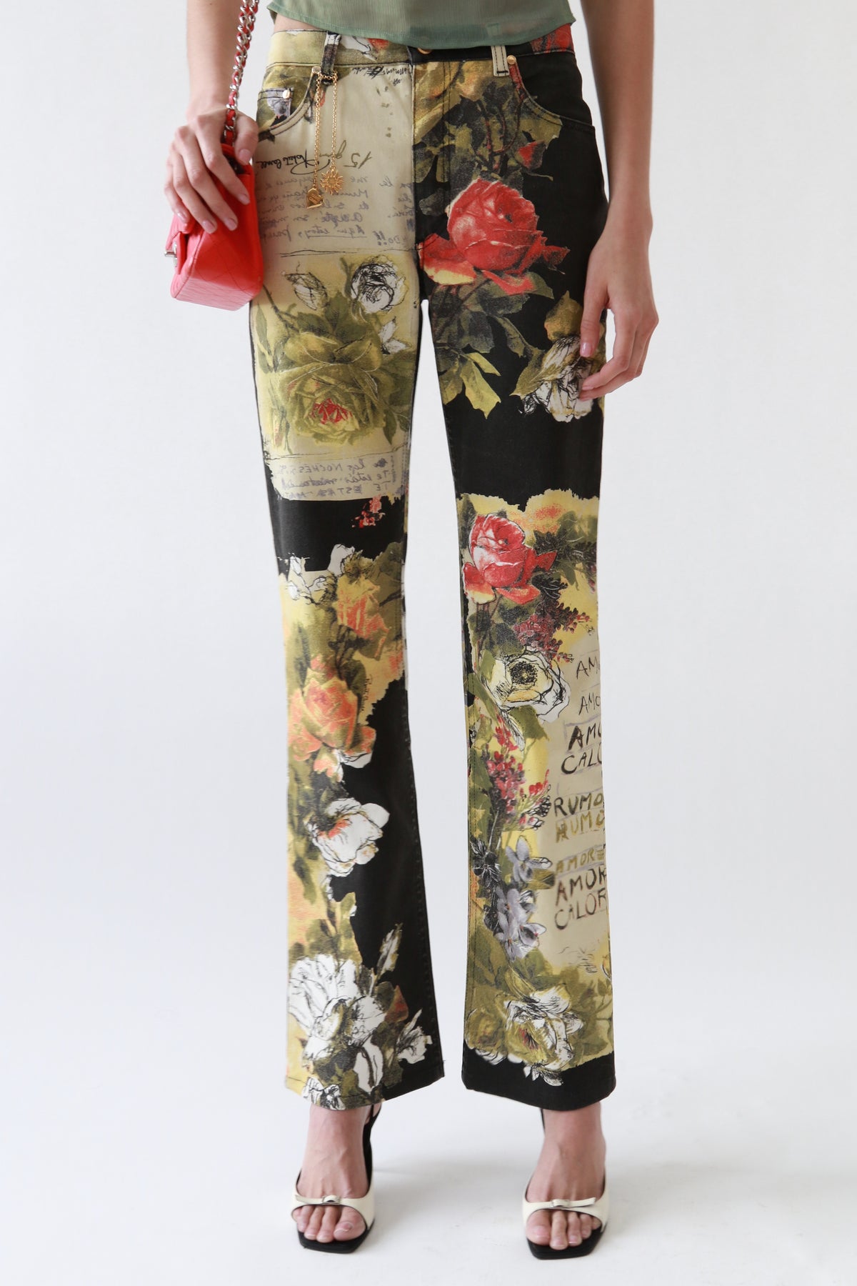 Floral Script Print Mixed Panel Jeans