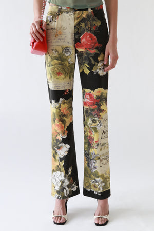 Floral Script Print Mixed Panel Jeans