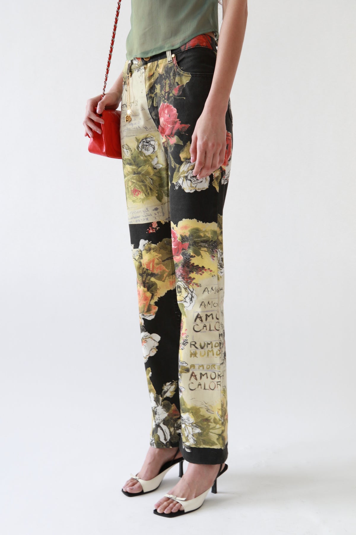Floral Script Print Mixed Panel Jeans