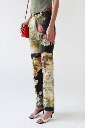 Floral Script Print Mixed Panel Jeans