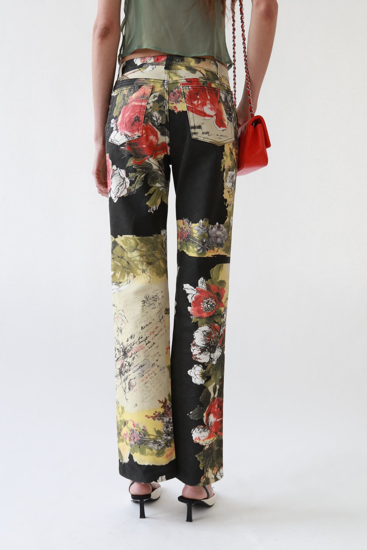 Floral Script Print Mixed Panel Jeans