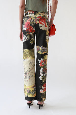 Floral Script Print Mixed Panel Jeans