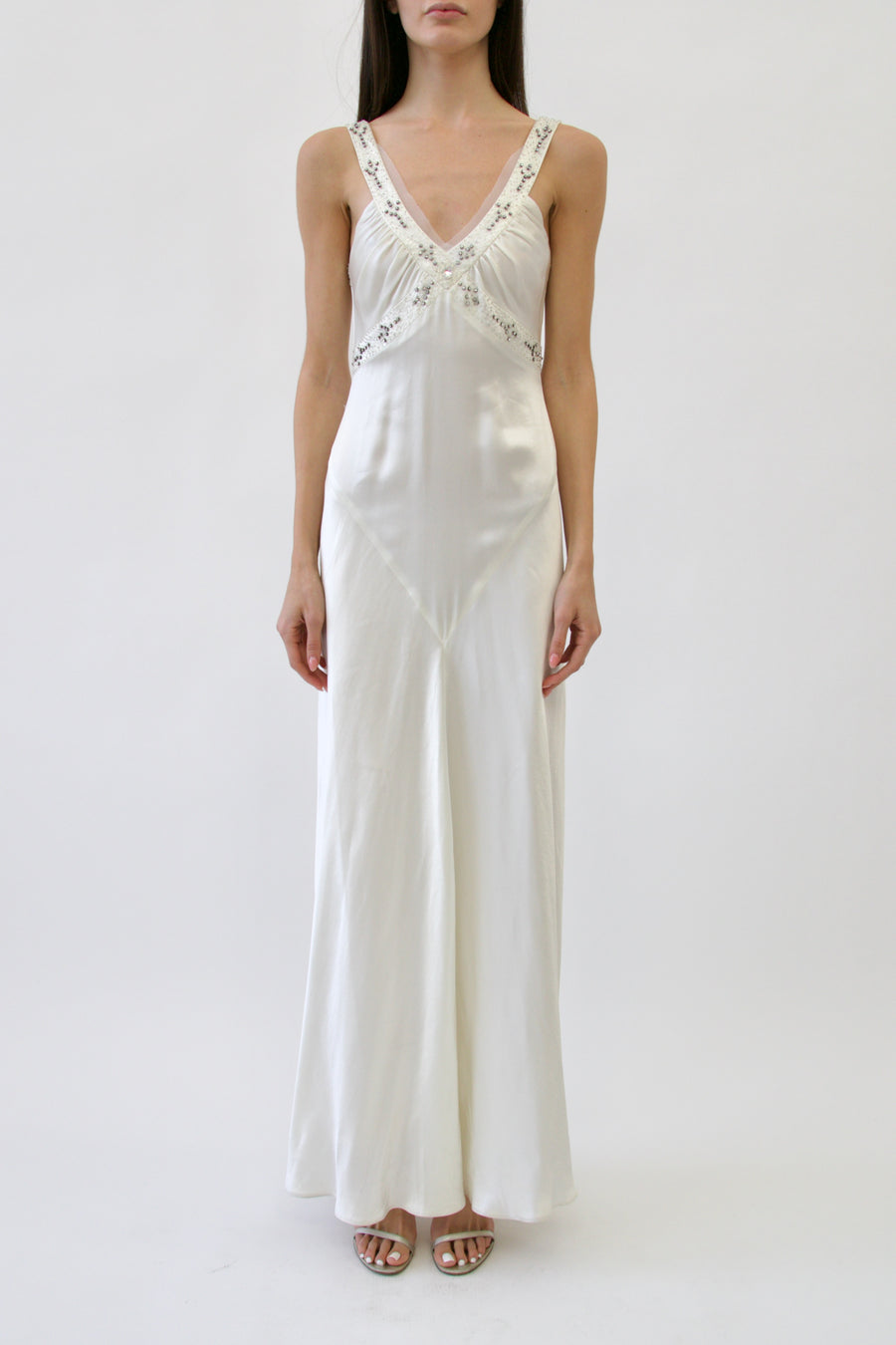 Vintage Vera Wang Ivory Silk Bias-Cut Wedding Gown with Crystal-Embellished Straps