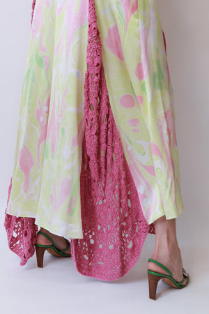 Marbled Print Crochet-Inset Slip Maxi Dress