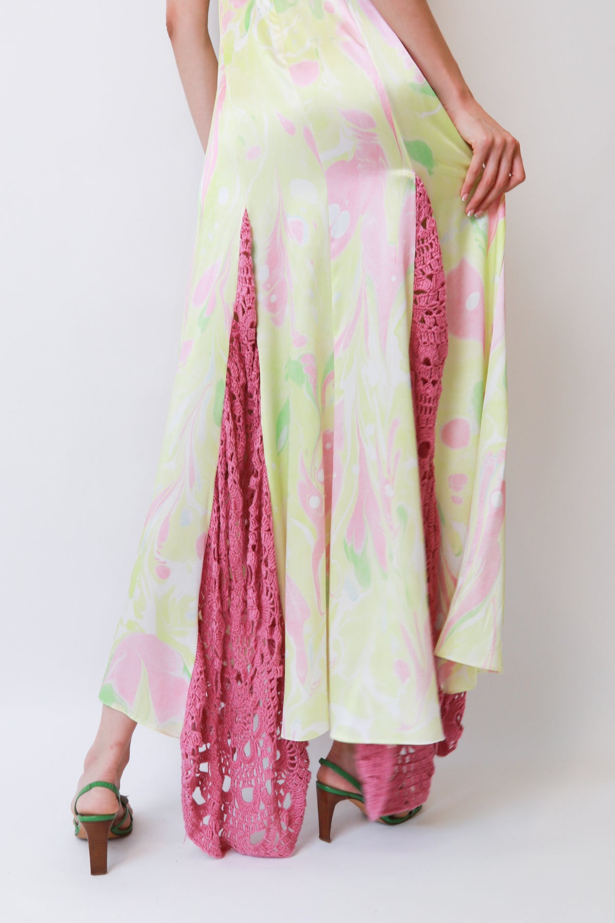Marbled Print Crochet-Inset Slip Maxi Dress