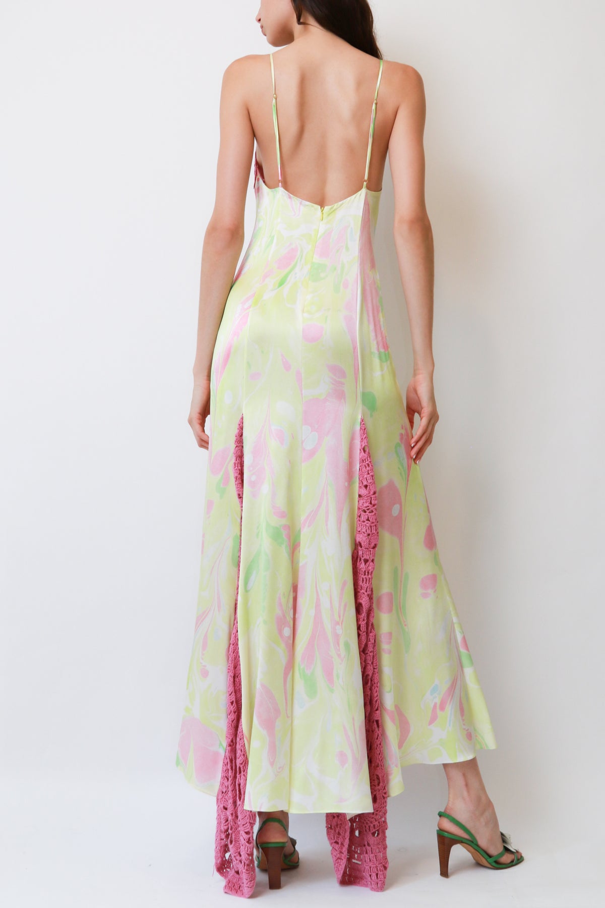 Marbled Print Crochet-Inset Slip Maxi Dress