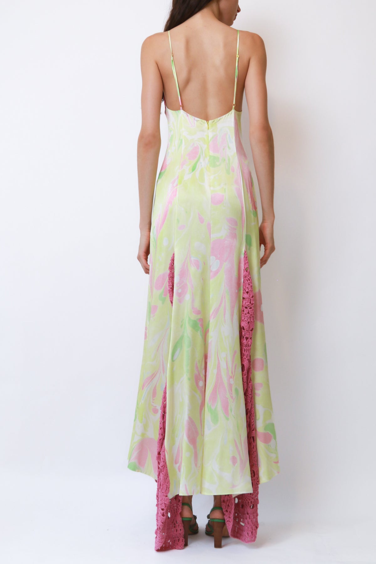 Marbled Print Crochet-Inset Slip Maxi Dress