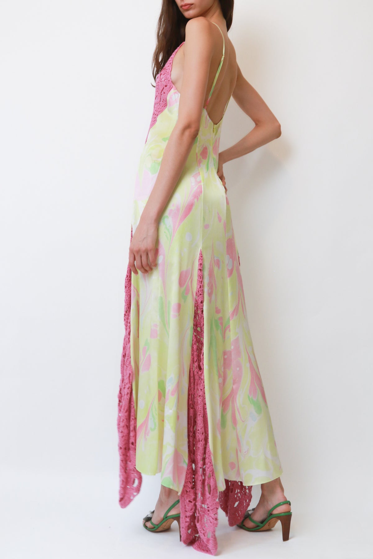 Marbled Print Crochet-Inset Slip Maxi Dress
