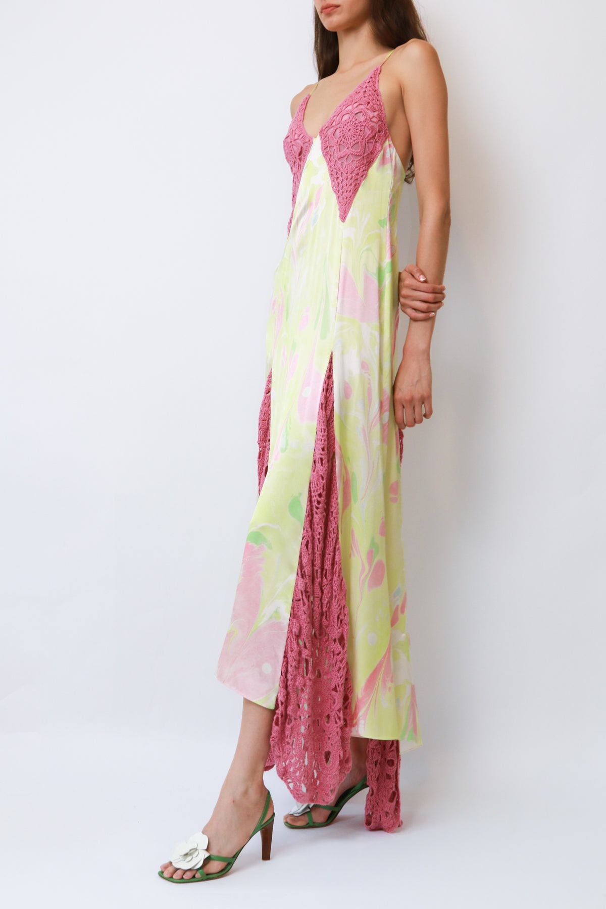 Marbled Print Crochet-Inset Slip Maxi Dress