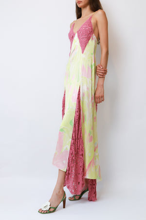 Marbled Print Crochet-Inset Slip Maxi Dress