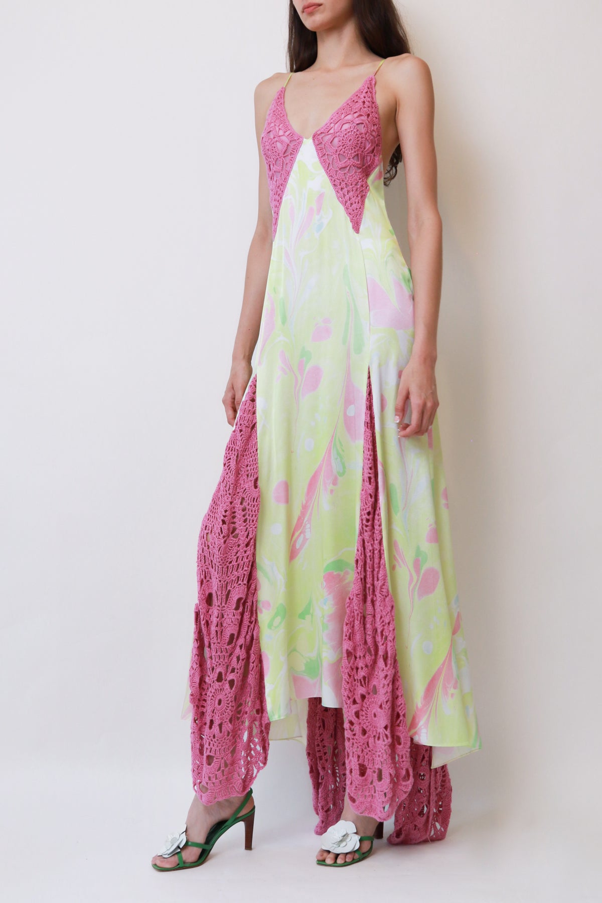 Marbled Print Crochet-Inset Slip Maxi Dress